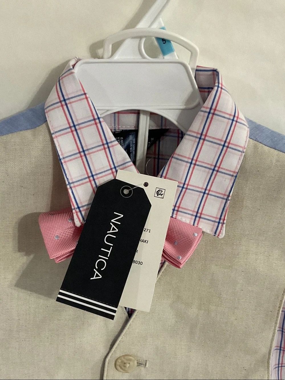 Nautica Beige Vest with Pink Plaid Shirt and Pink Bow Tie